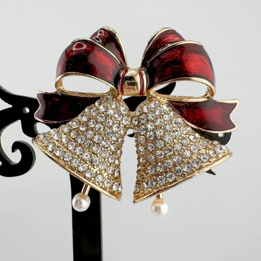 Vintage Anne Klein Jingle Bell Ribbon Brooch Festive Glam Timeless Elegance